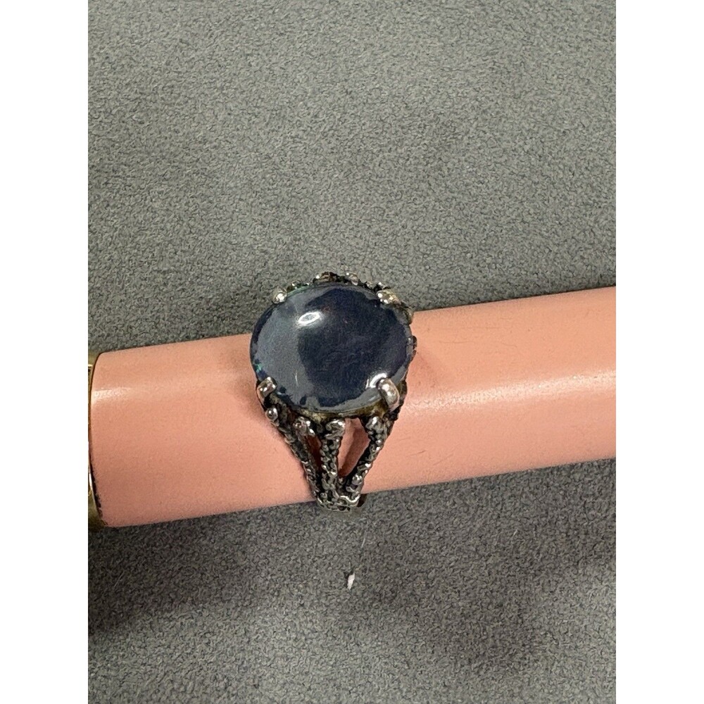 Vintage Sterling Silver Oval Two Tone Blue Cabochon Ring Boho Statement Size 6.5